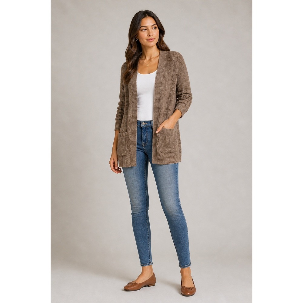 Andree by UNIT Cardigan Women Small Brown Ribbed Knit Open Front Pockets - Picture 1 of 8